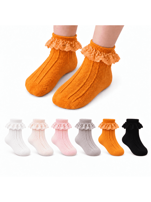6 Pairs Ruffle Socks for Girls, Kids Frilly Lace Socks Cute Princess Frilly Socks Lace Cotton Socks Infant Dress Socks for Newborn Infants Little Kids, 3-5 Years