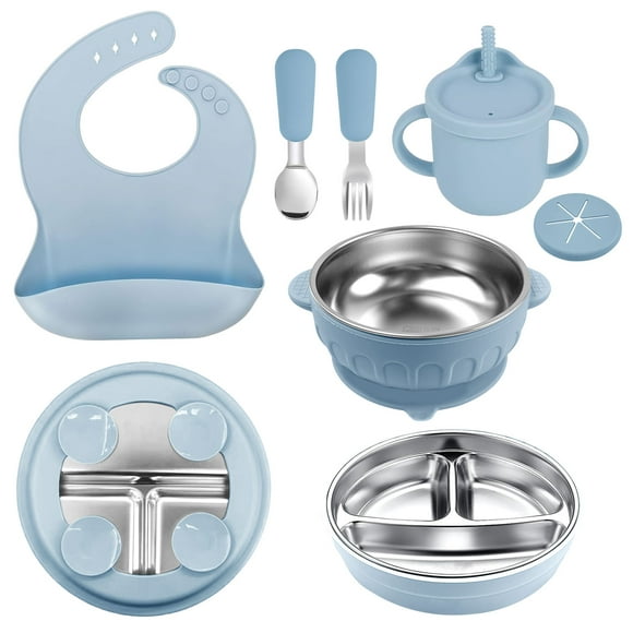 Allhall 7 Pack Stainless Steel Kids Plates and Bowls Set with Suction, Divided Baby Plate and Toddler Bowl with Removable Silicone Suction, Stainless Steel Weaning Bundle, Silicone Baby Feeding Set