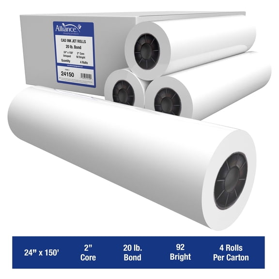 Alliance 24150 CAD 24 Inch x 150 Foot Bond Paper Roll w/ 2 Inch Core 4 Pack