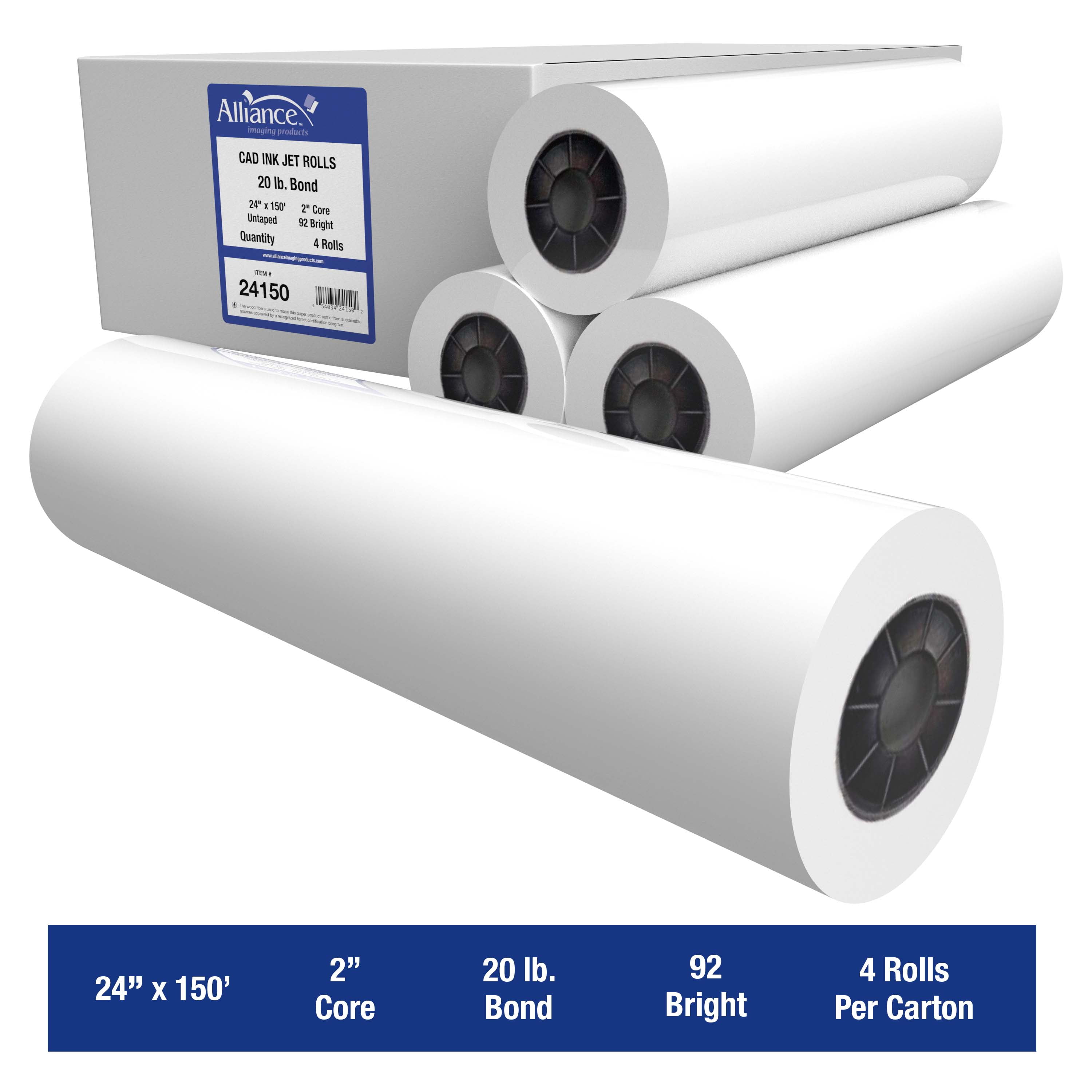 Alliance 24150 CAD 24 Inch x 150 Foot Bond Paper Roll w/ 2 Inch Core 4 Pack