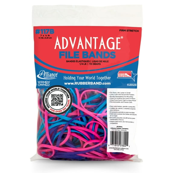 Alliance Advantage Rubber Bands, #117B (7" x 1/8") File Bands, 4oz. Bag, Pink, Purple, & Blue