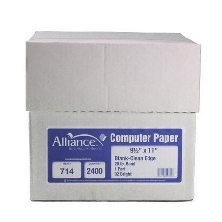 Alliance Continuous Computer Paper, 9-1/2"x11", White, Clean Edge, 1 Pt, 20lb, 2400 Sheets per Carton