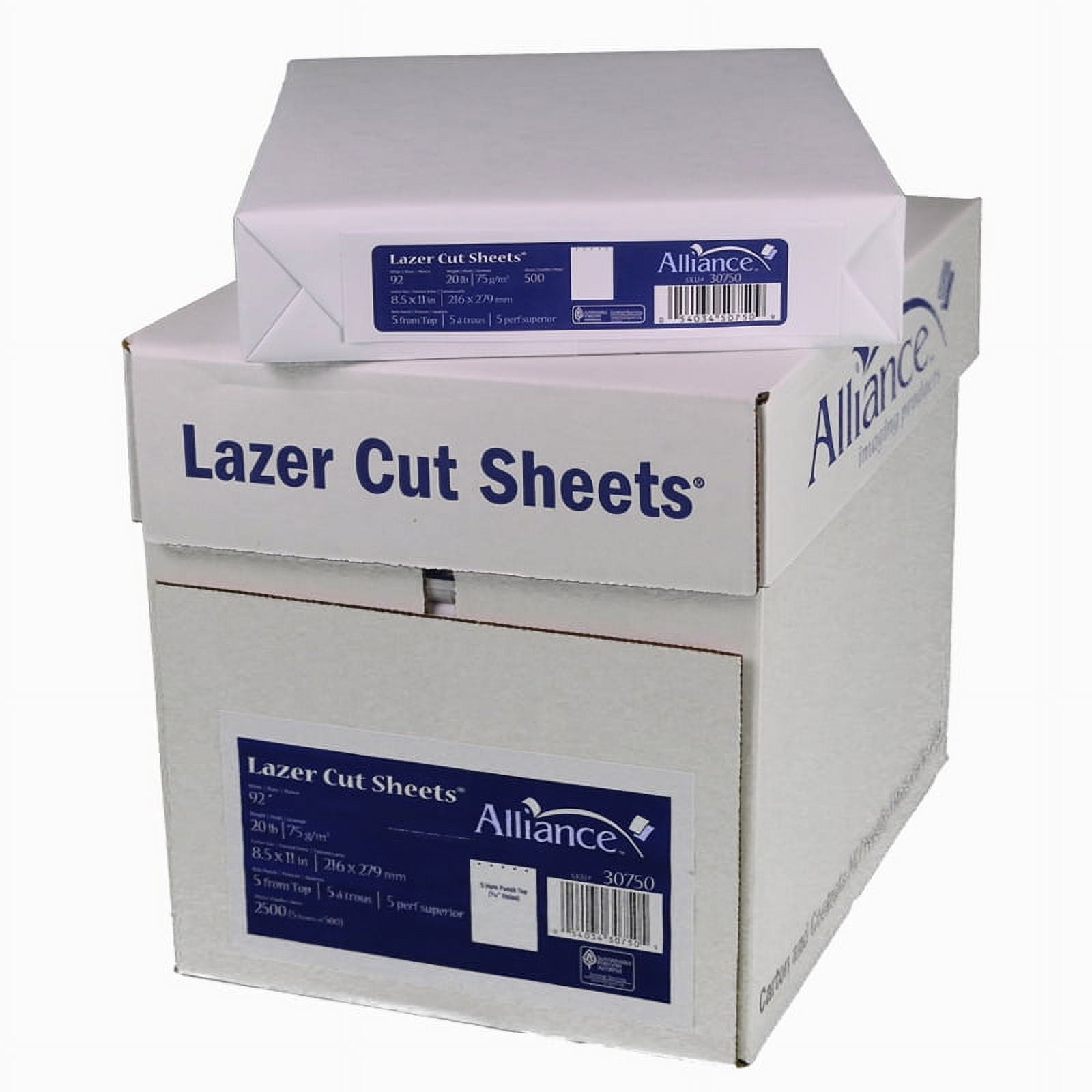 8-1/2'' x 11 Laser Cut Sheet, 20# White Stock, 5 Hole Punch Left, 5/16  Diameter (Carton of 5000)