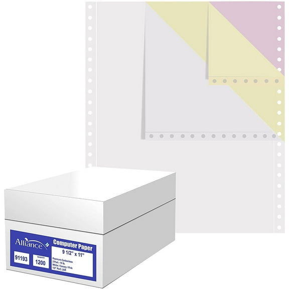 Alliance Premium Carbonless Computer Paper, 9-1/2x11" Blank L&R Perf., 3 Pt White/Canary/Pink, 15lb, 1200/Ctn