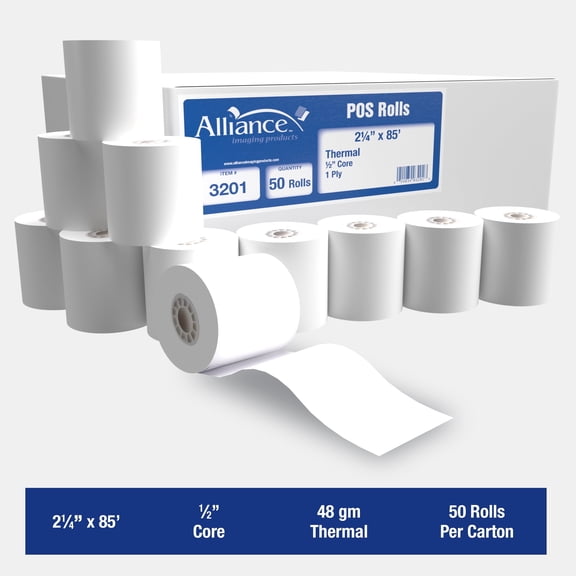 Alliance Receipt Paper Rolls Thermal BPA Free White 50 Roll Case 2 ¼ x 85