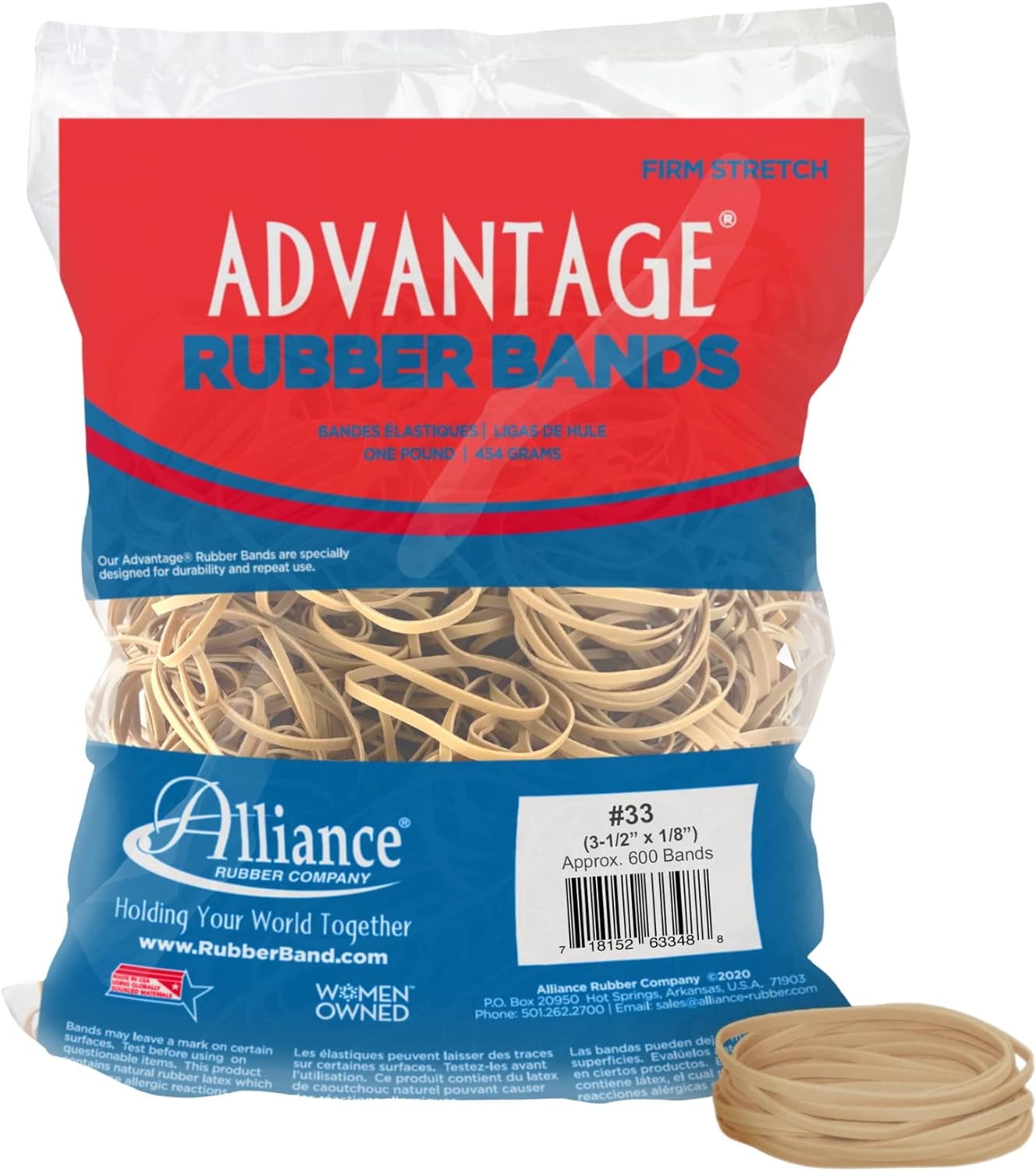 Alliance Rubber 26334 Advantage Rubber Bands Size #33, 1 lb Bag Contains Approx. 600 Bands (3 1/2" x 1/8", Natural Crepe) Beige