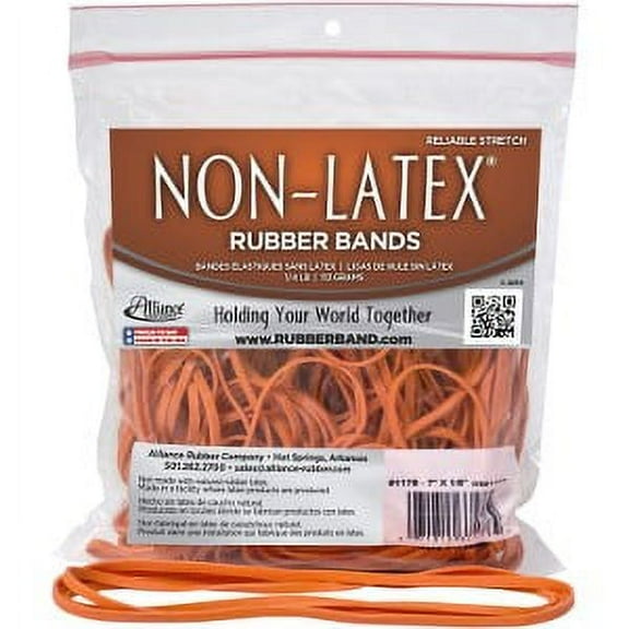 Alliance Rubber 37178 Non-Latex Rubber Bands - Size #117B (7" x 1/8") 1/4 lb. bag contains approx. 63 bands - Orange