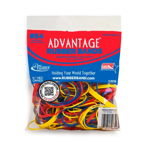 Alliance Rubber Advantage Rubber Bands, Size 54 (Assorted Sizes), 2 oz Bag, Red, Yellow, Blue, 2654A