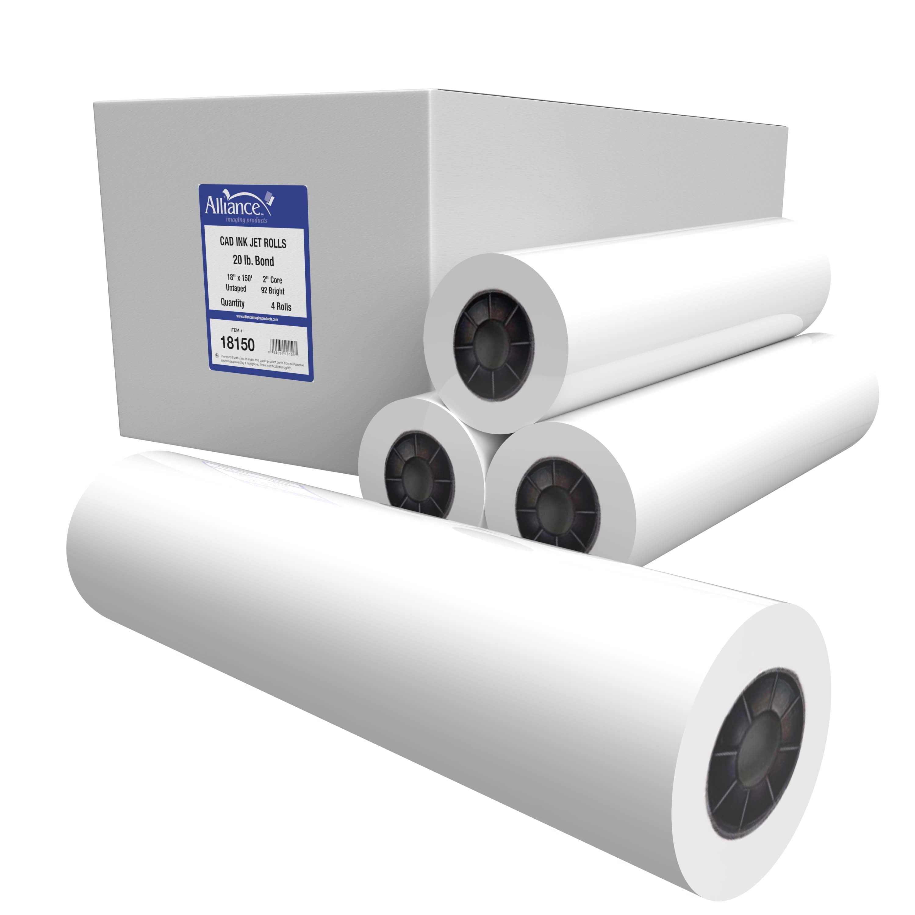 Alliance Wide Format Paper 18" x 150' CAD Bond 20lb | 92 Bright | 4 Rolls | 2" Core