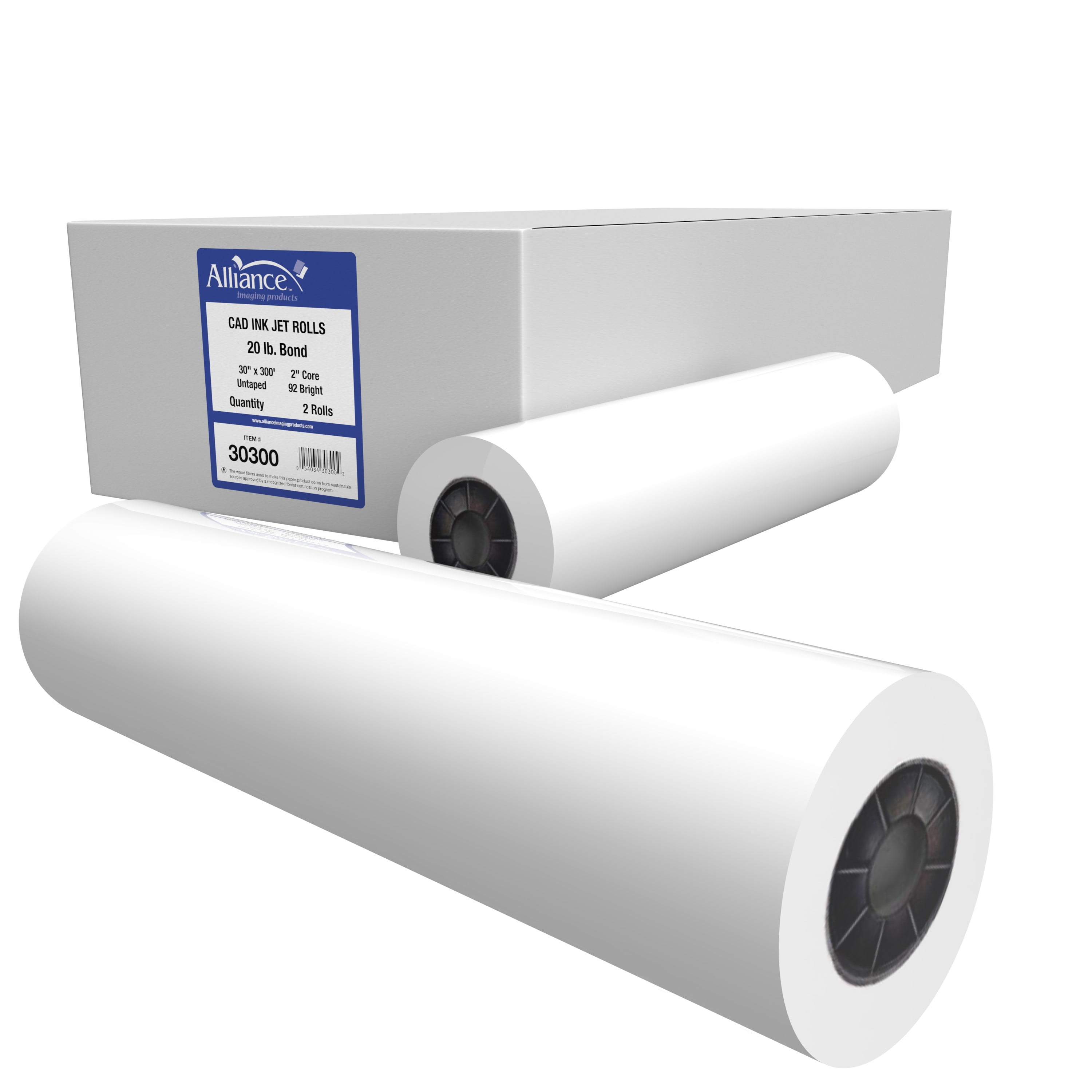 Alliance Wide Format Paper 30" x 300' CAD Bond 20lb 92 Bright 2 Rolls 2" Core