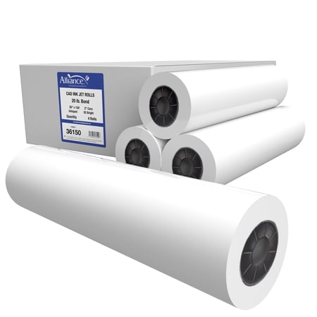 Alliance Wide Format Paper 36" x 150' Rolls CAD Bond 92 Bright, 20lb - 4 Rolls Per Carton with 2" core (36150)