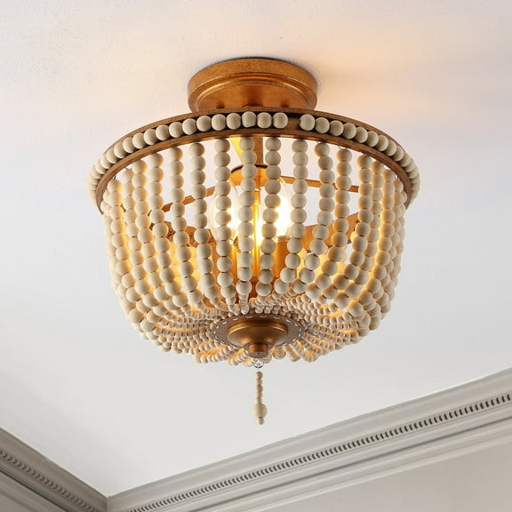 JONATHAN Y Allie 14" 3-Light Bohemian Farmhouse Wood Bead/Iron LED Semi Flush Mount, Antique Gold/Light Taupe, JYL9020C