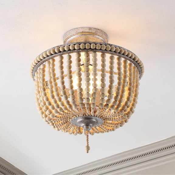 JONATHAN Y Allie 14" 3-Light Bohemian Farmhouse Wood Bead/Iron LED Semi Flush Mount, Antique Silver/Light Taupe, JYL9020B