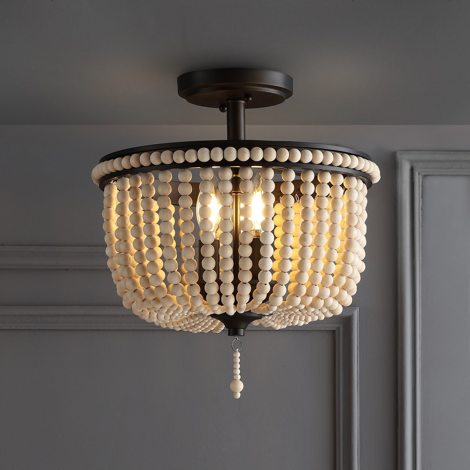 Allie 14" Black and Light Taupe Wood Beaded LED Flush Mount