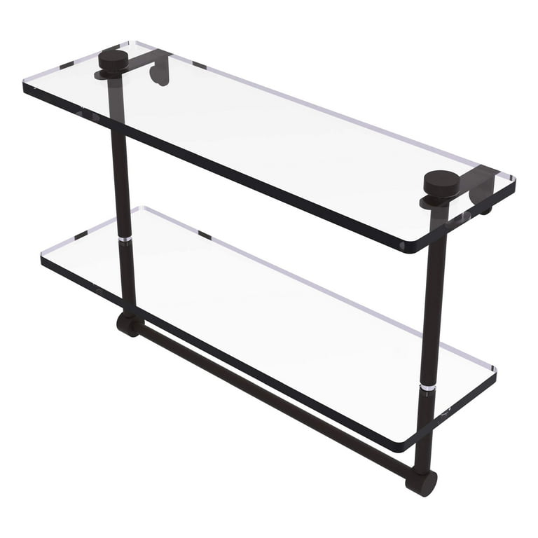 Mambo Collection 16 in. Two Tiered Glass Shelf with Integrated Towel Bar in Unlacquered Brass Mambo Collection 16 in. Two Tiered Glass Shelf with Integrated Towel Bar in Unlacquered Brass