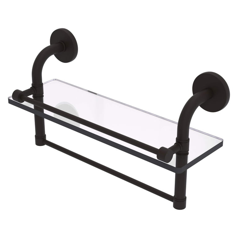 Remi Collection 16 in. Glass Vanity Shelf with Gallery Rail in Satin Nickel Remi Collection 16 in. Glass Vanity Shelf with Gallery Rail in Satin Nickel