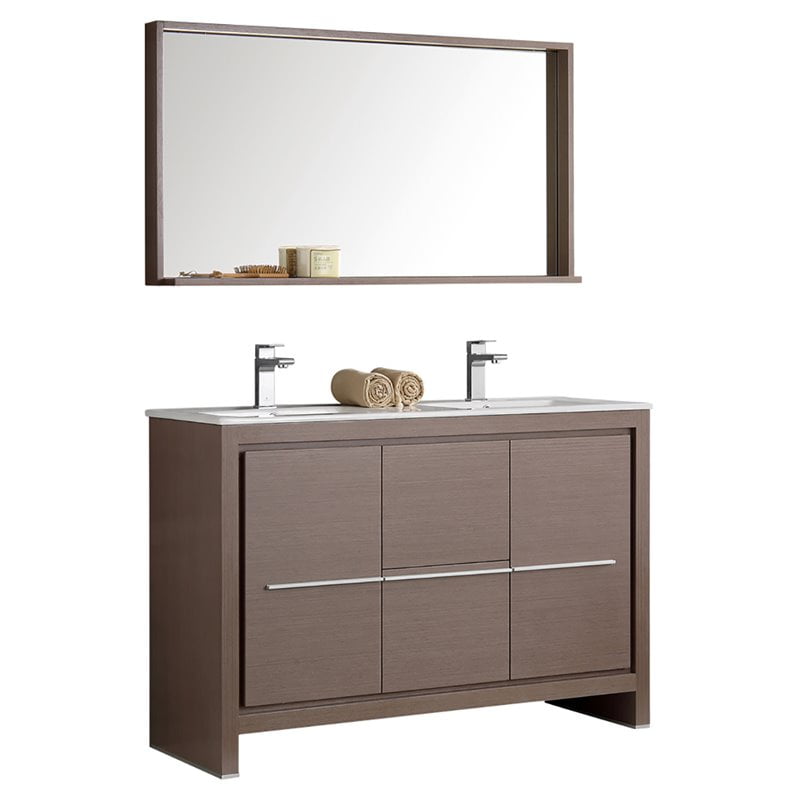 Gray Oak 48" Double Sink Freestanding Vanity Set with Mirror