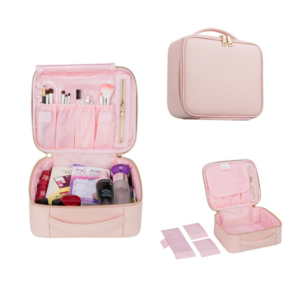 Allieroo 9.8Makeup Train Case Travel PU Leather Makeup Cosmetic Artist Organizer,Pink