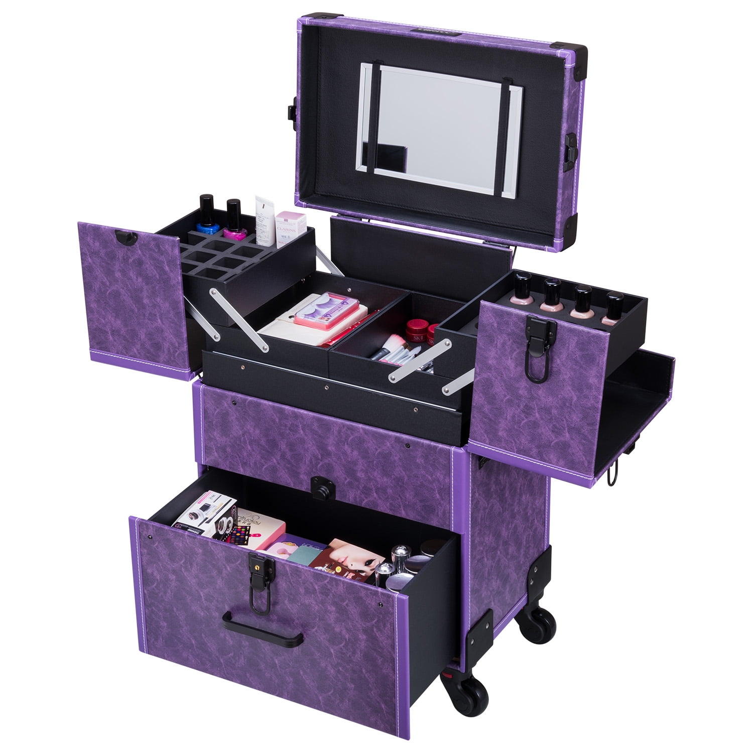 Allieroo Rolling Makeup Train Case Lockable PU Artist Makeup Cosmetic