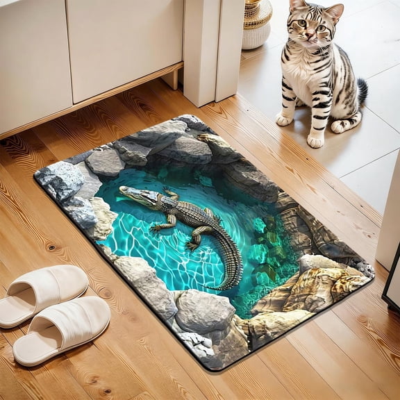 Alligator 3D Illusion Door Mat 16x24 Inches, Wild Animal Theme Non-Slip Bath Rug, Super Absorbent Floor Mat for Entrance, Bathroom, Kitchen, Man Cave, Game Room, Unique Home Decor