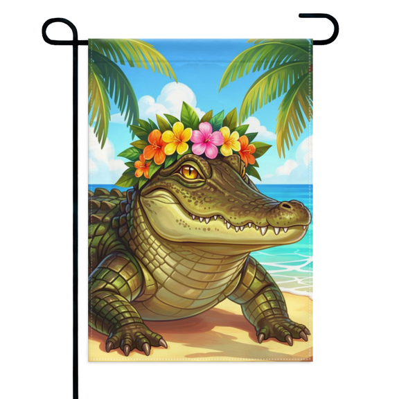 Alligator Aloha Garden Flag 12×18in Double Sided Tropical Summer Beach Floral Wreath Protected Outdoor Decor for Yard Lawn Patio Home Outside