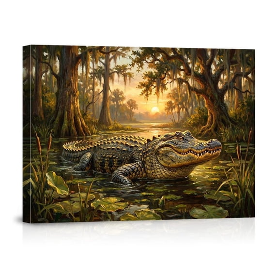 Alligator Bayou Swamp Landscape Sunset Florida Everglades Wildlife Poster, Curated Nature Inspired Theme For Home And Living Room Decor