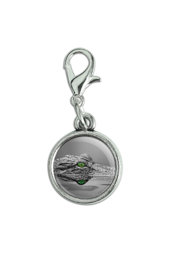 Alligator Black and White Green Eyes Antiqued Bracelet Pendant Zipper Pull Charm with Lobster Clasp