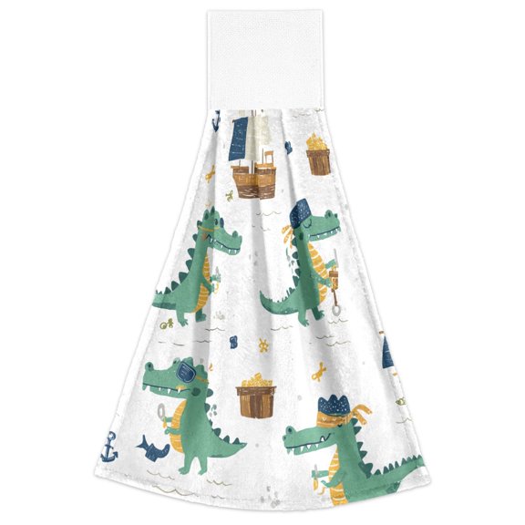 Alligator Boat Pattern Hand Towels 2 Pack Quick Dry Velvet Soft with Velcro Kitchen Bath 14x18in