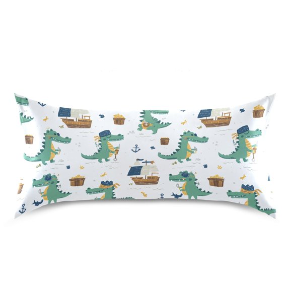 Alligator Boat Pattern Pillow Case Queen Size Silky Satin Pillow Cover for Bedroom 20x30 Inch