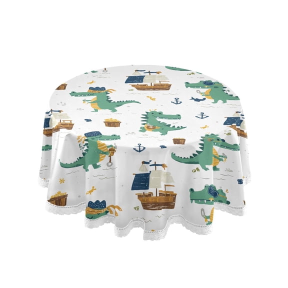 Alligator Boat Pattern Round Lace Tablecloth 60 Inch Polyester Wrinkle Resistant Decorative
