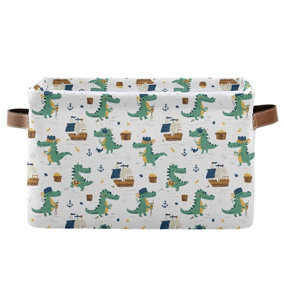 Alligator Boat Pattern Storage Basket Canvas Waterproof PE Lining PU Leather Handles Collapsible 14.2x10.2x8.3in