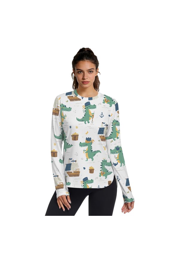 Alligator Boat Pattern Women's Activewear UPF 50+ Sun Protection Shirt Cooling Quick Dry Thumb Hole Top