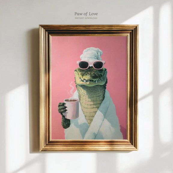 Alligator Coffee Poster, Gator Bathroom, Crocodile, Maximalist
