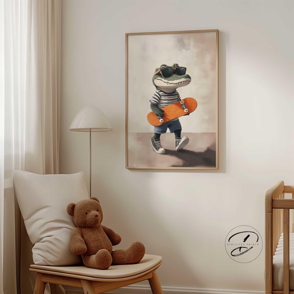 Alligator Crocodile Print, Playroom Print, Room Decor, Toddler Room, Animal Nursery Print, Boys Wall Art, Reptile Print Home Decor #386, Stretched Canvas Size 8x12