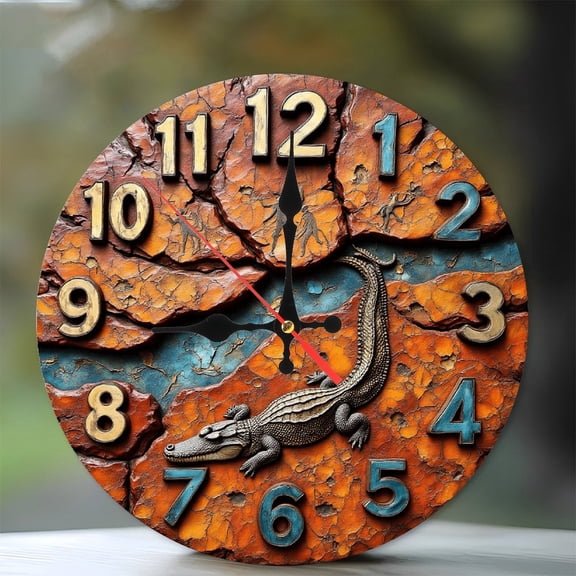 Alligator Crocodile Wall Clock Rustic Decor 10-Inch Silent Wooden Wall Clock, Battery Operated (AA Batteries Not Included), Artistic Home Decor