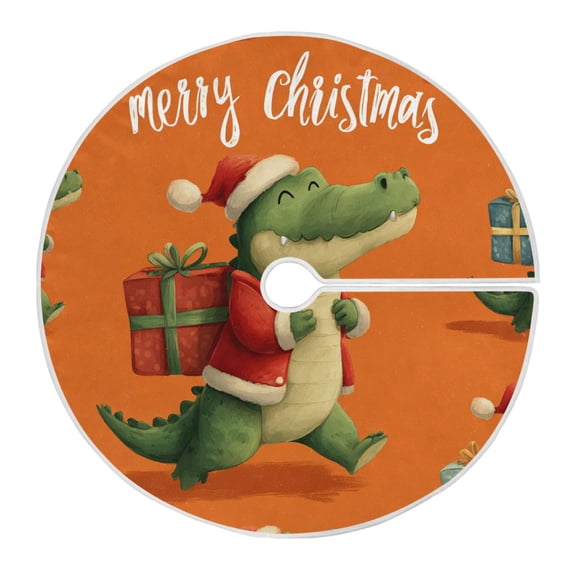 Alligator Crocodile with Christmas Gift on Back Christmas Tree Skirt Opening Design Floor Mat Holiday Decor 35 inch