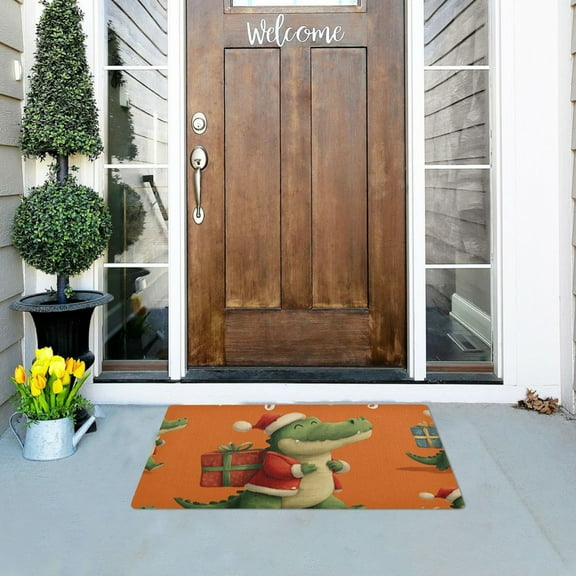 Alligator Crocodile with Christmas Gift on Back Doormats Welcome Mats Gate Pads Entryway Outdoor 32" x 20"