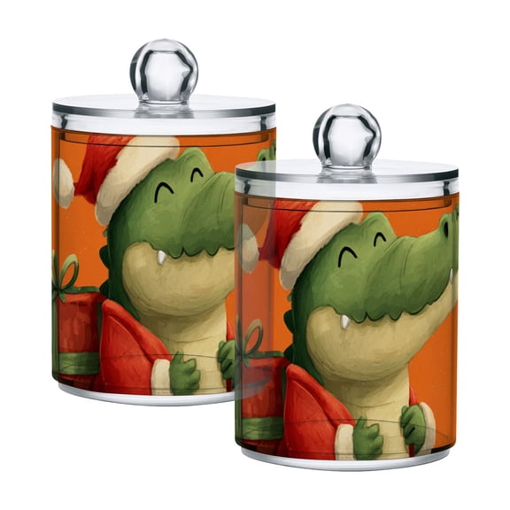 Alligator Crocodile with Christmas Gift on Back Translucent Plastic Cans Storage Canisters with Lid Set of 2