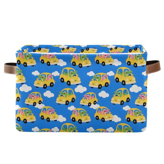 Alligator Driving Pattern Storage Basket Canvas Waterproof PE Lining PU Leather Handles Collapsible 14.2x10.2x8.3in