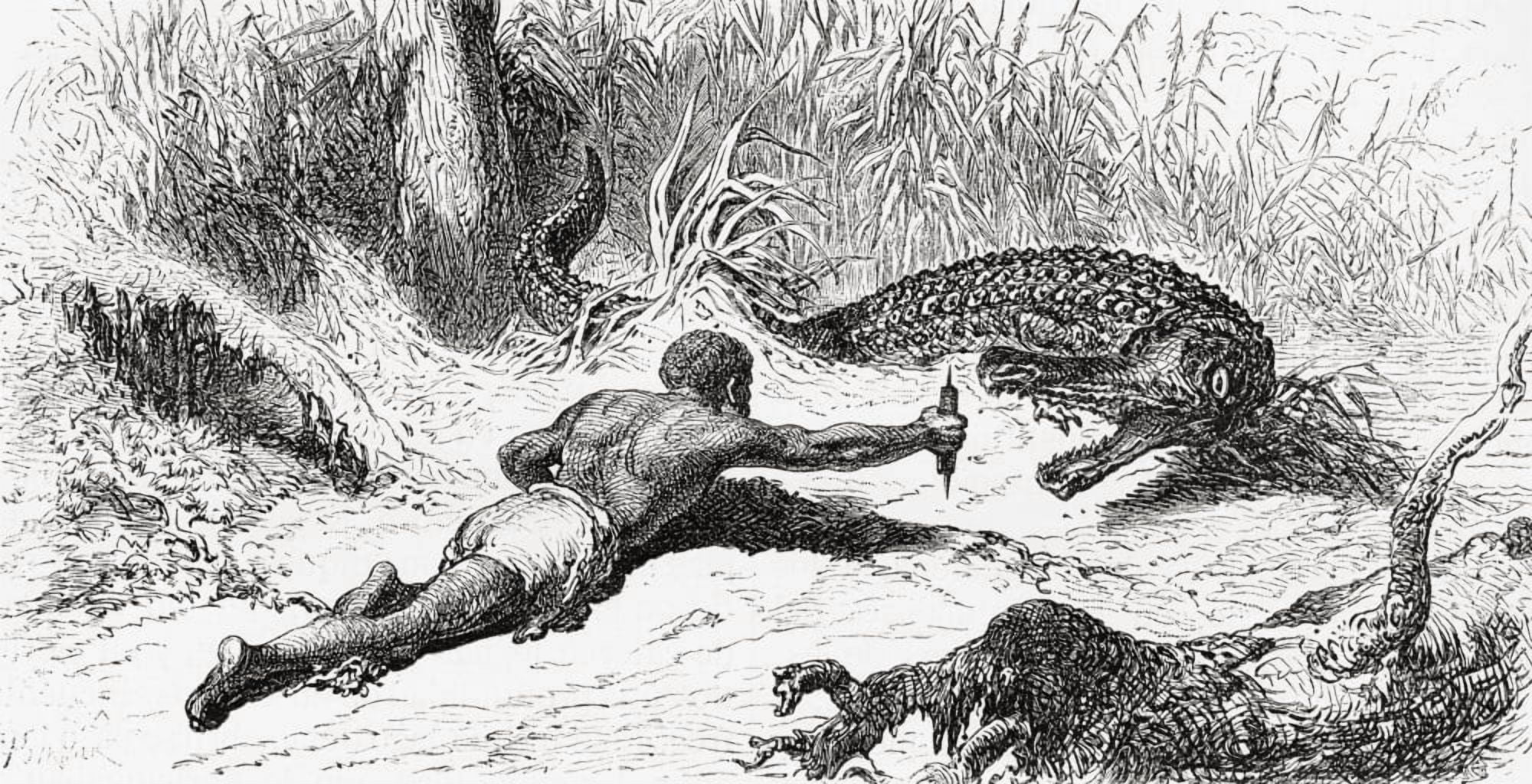 Alligator Hunting In 19Th Century Colombia From El Mundo En La Mano Published 1875 Canvas Art - Ken Welsh Design Pics (40 x 20)