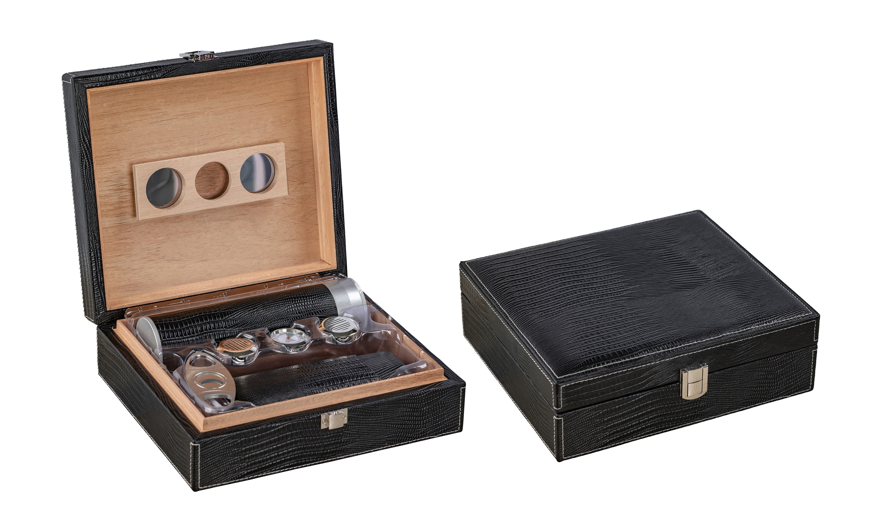 Alligator Leather Cigar Humidor Gift Set - Black - Capacity: 25