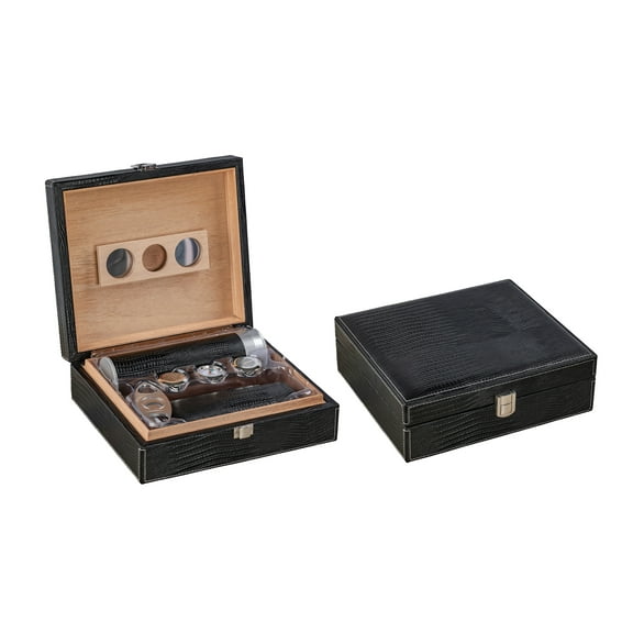 Alligator Leather Cigar Humidor Gift Set - Black - Capacity: 25