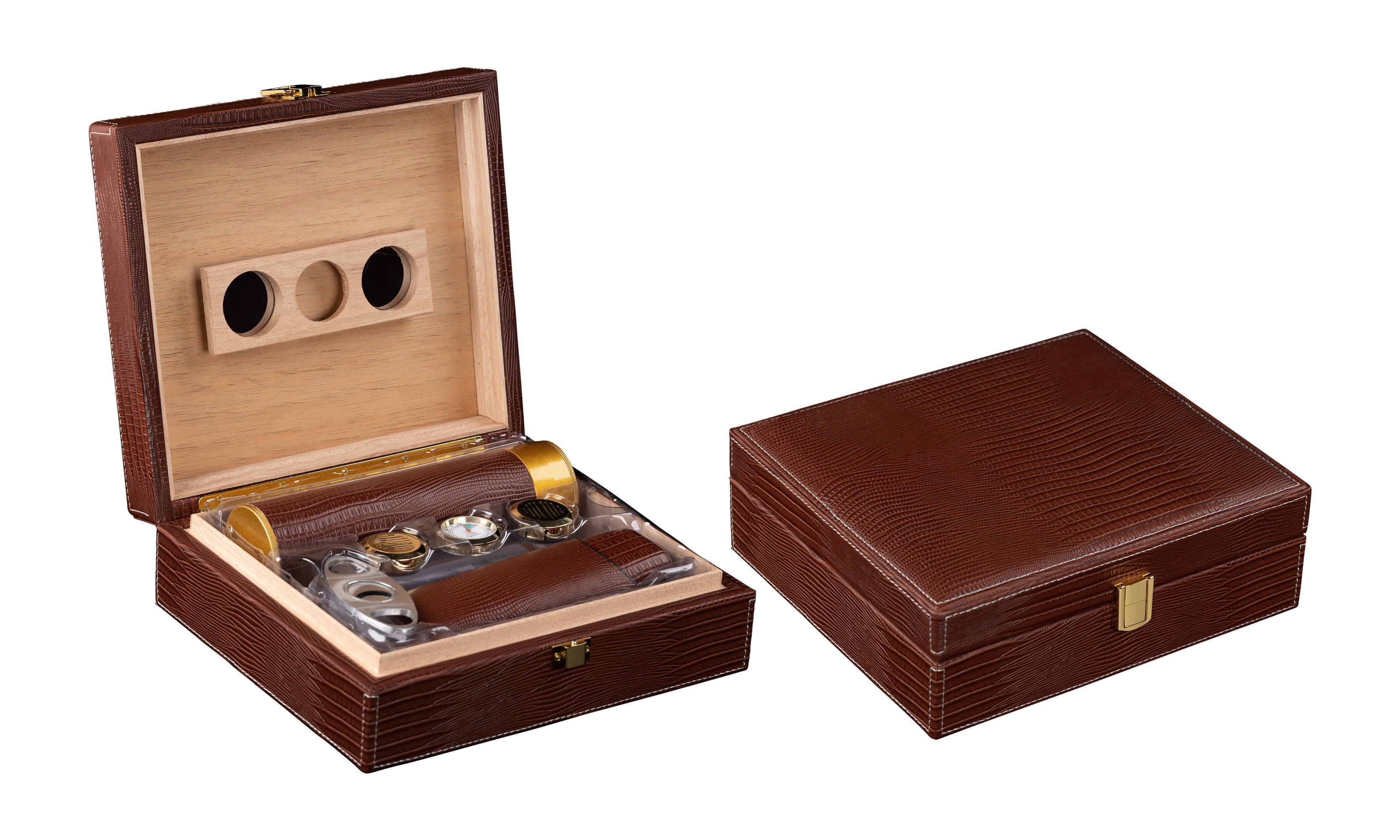 Alligator Leather Cigar Humidor Gift Set - Brown - Capacity: 25