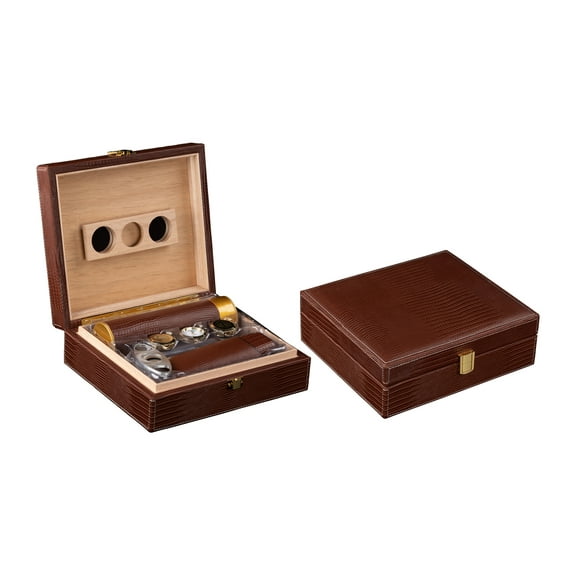 Alligator Leather Cigar Humidor Gift Set - Brown - Capacity: 25