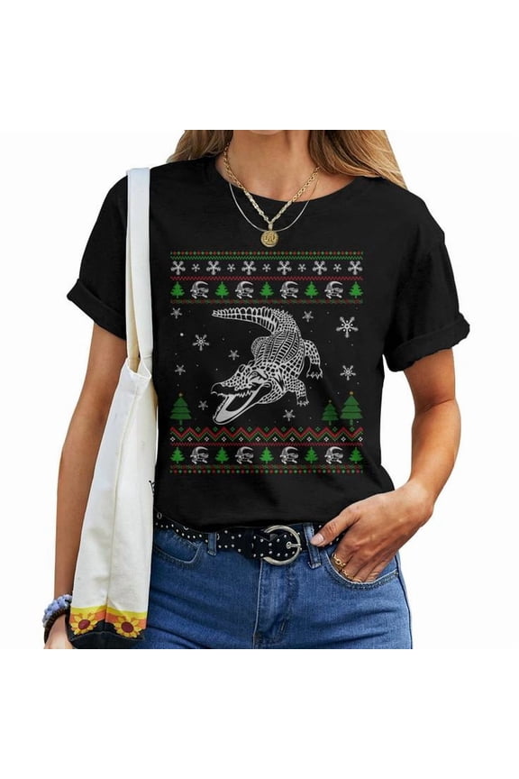 Alligator Lovers Funny Ugly Christmas Sweater Graphic Tee Unisex Adult Cotton Holiday T-Shirt, Size 3XL, Color Black