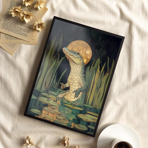 Alligator Moon Swamp Wall Art, Vintage Art Nouveau Nature Decor, Unframed Paper Print Size 8x12