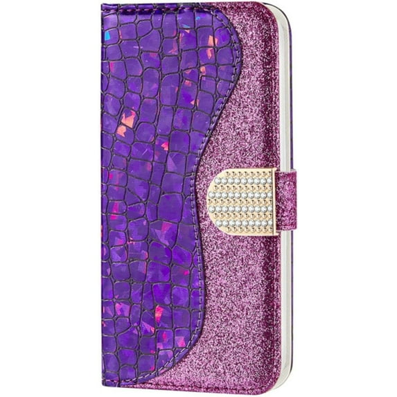 Alligator Pattern Patchwork Color Glitter Phone Cover with Card Slot Holder Wallet Style Phone Case for iPhone 12 11 13 14 Pro Max Mini X XS Max XR 7 8 6S Plus SE(Purple,iPhone Xs MAX)