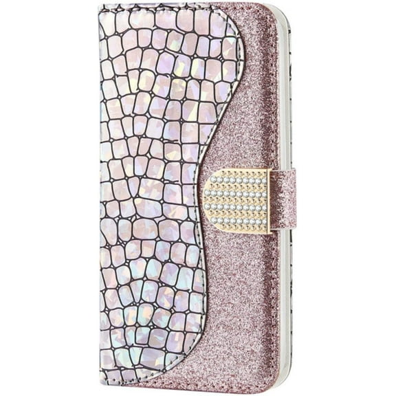 Alligator Pattern Patchwork Color Glitter Phone Cover with Card Slot Holder Wallet Style Phone Case for iPhone 12 11 13 14 Pro Max Mini X XS Max XR 7 8 6S Plus SE(Silver,iPhone 12)