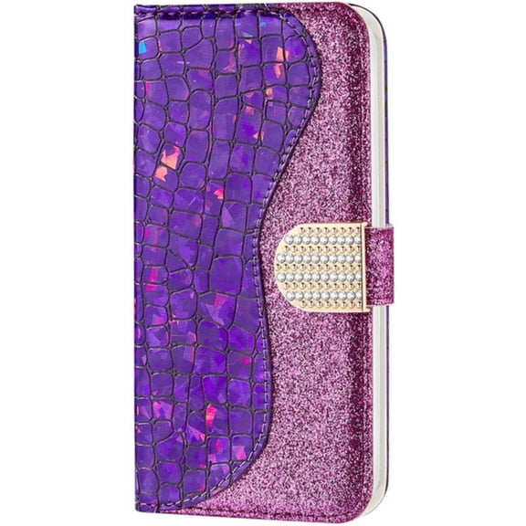 Alligator Pattern Patchwork Color Glitter Phone Cover with Card Slot Holder Wallet Style Phone Case for iPhone 12 11 13 14 Pro Max Mini X XS Max XR 7 8 6S Plus SE(Purple,iPhone 14 Pro)