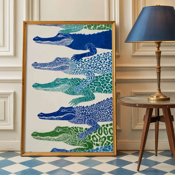 Alligator Poster Japandi Style Green Blue Animal Wall Art Decor, Matte Canvas Stretched, Posters for Room Bedroom Living Room Bathroom Wall Decor, Posters & Art Prints, Gift.